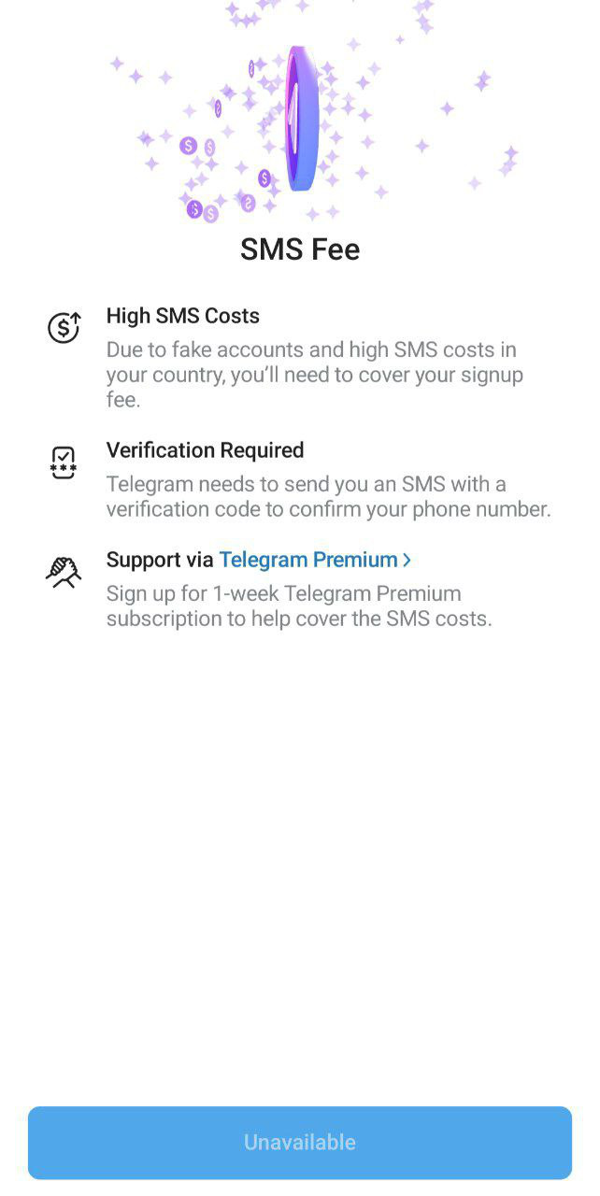 Telegram SMS Fee 页面,显示 High SMS Costs 与 Telegram Premium 说明